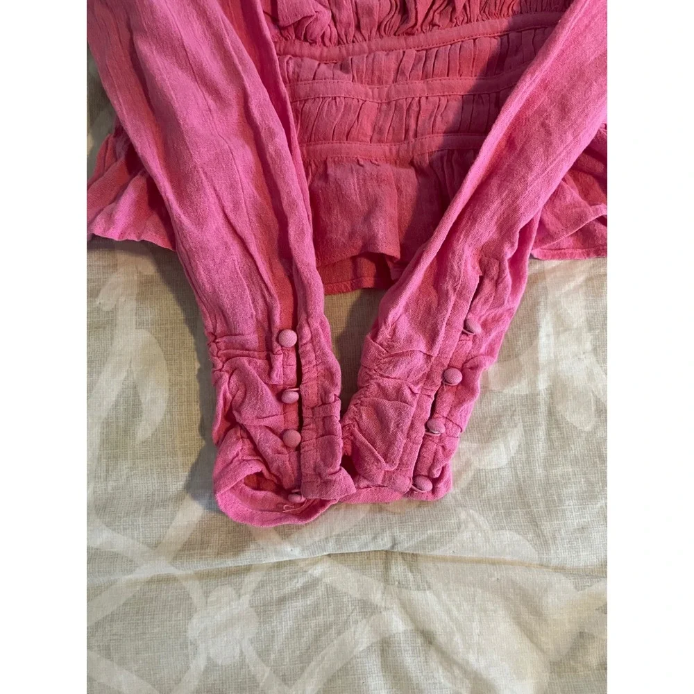 Free People Chloe Top Pink Smocked Long Sleeve Pleated Sweetheart Crop XS NEW